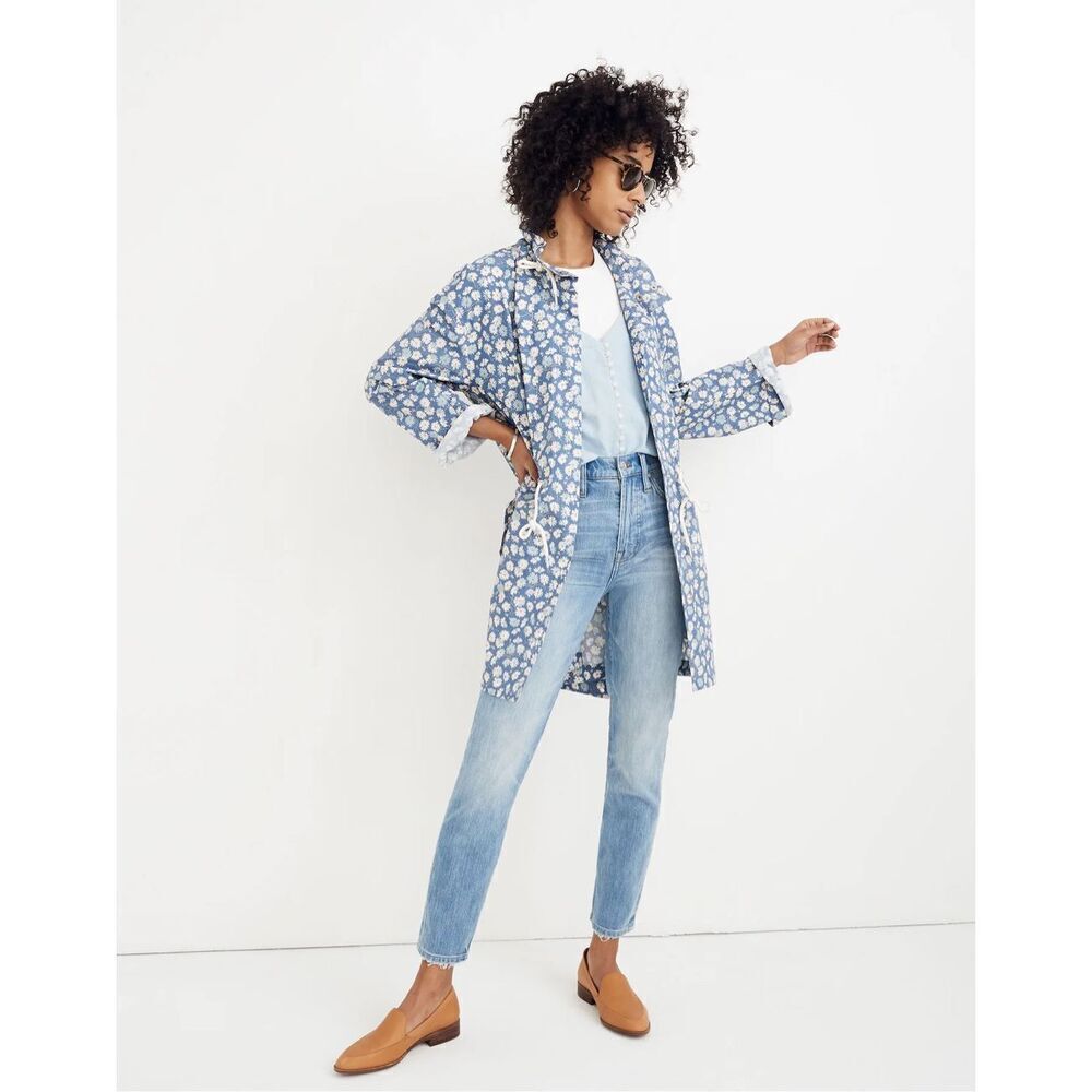 Madewell Ruffle-Neck Anorak Raincoat French Floral Blue Moon size M Hooded Ditsy